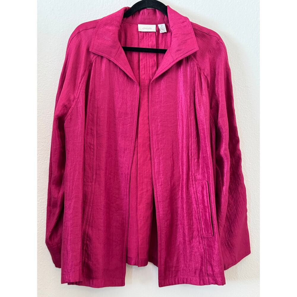 Chicos Size 2 Open Front Blazer Jacket Pink Textured Satin Large Statement